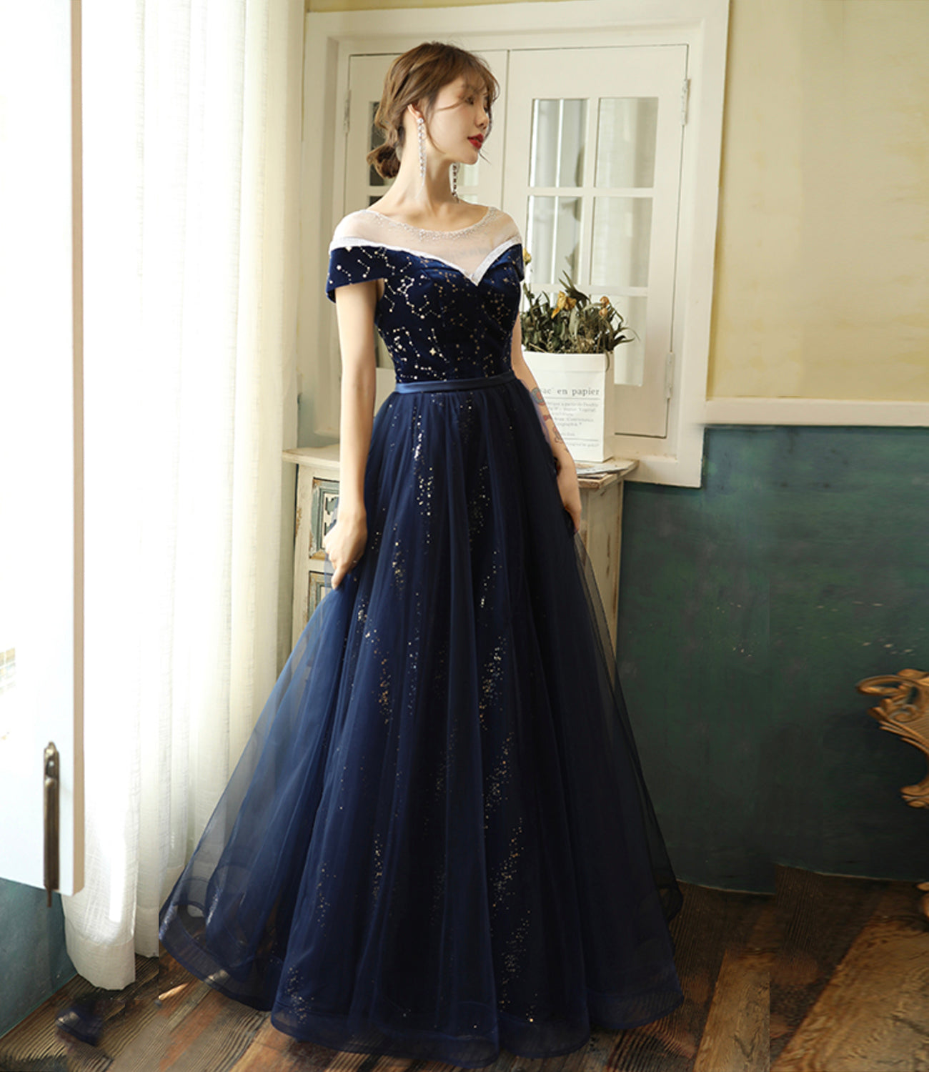 Blue velvet tulle long prom dress evening dress HZ1023