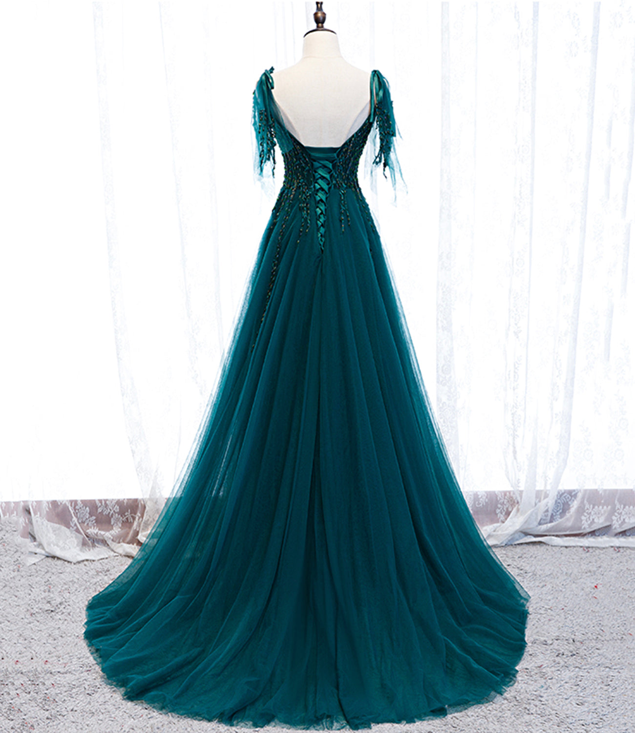 Green gorgeous exquisite beaded lace A-line long tulle ball gown evening dress HZ1023