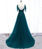 Green gorgeous exquisite beaded lace A-line long tulle ball gown evening dress HZ1023