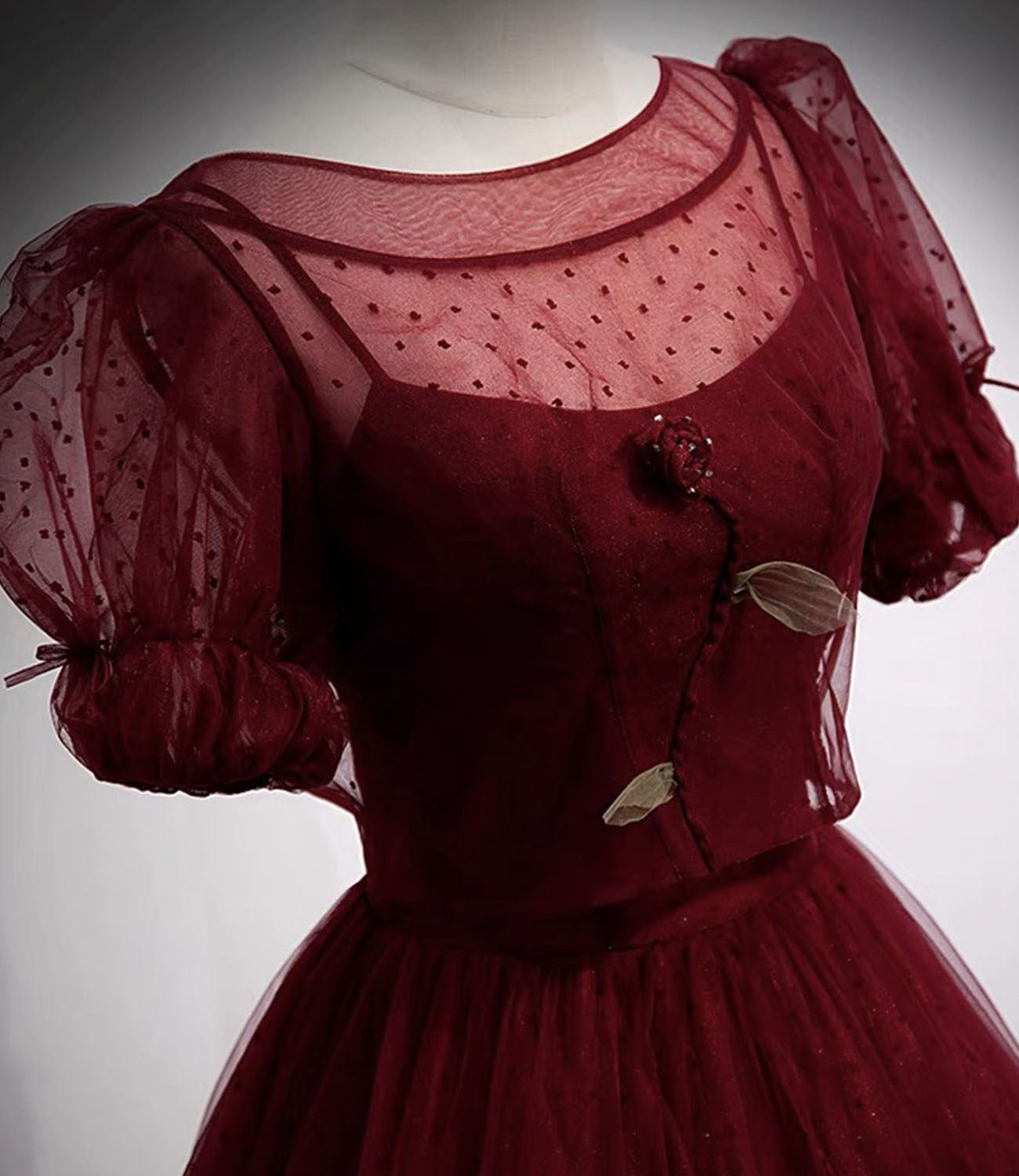 Burgundy tulle long prom dress two pieces evening dress HZ1023