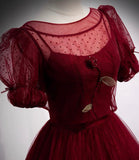 Burgundy tulle long prom dress two pieces evening dress HZ1023