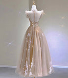 Champagne tulle lace tea length prom dress evening dress HZ1023