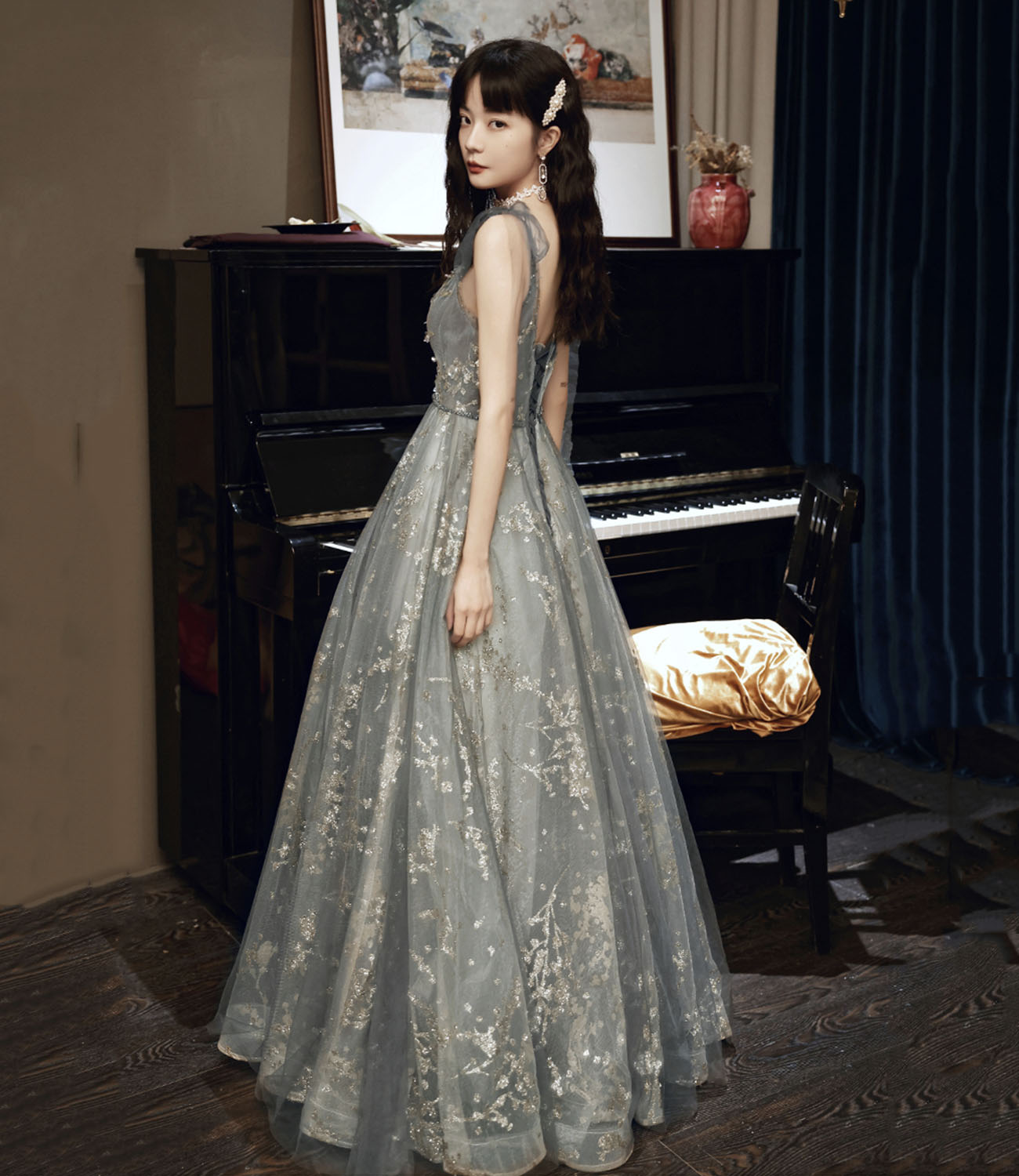 Gray tulle sequins A line prom dress gray evening dress HZ1023