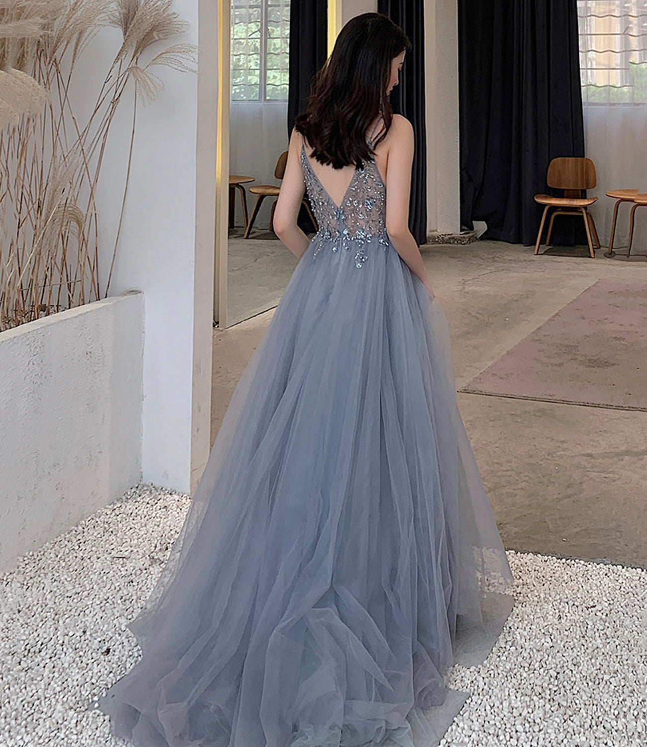 Blue tulle beads long prom dress blue evening dress HZ1023