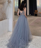 Blue tulle beads long prom dress blue evening dress HZ1023