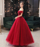 Burgundy tulle lace long prom dress A line evening gown HZ1023