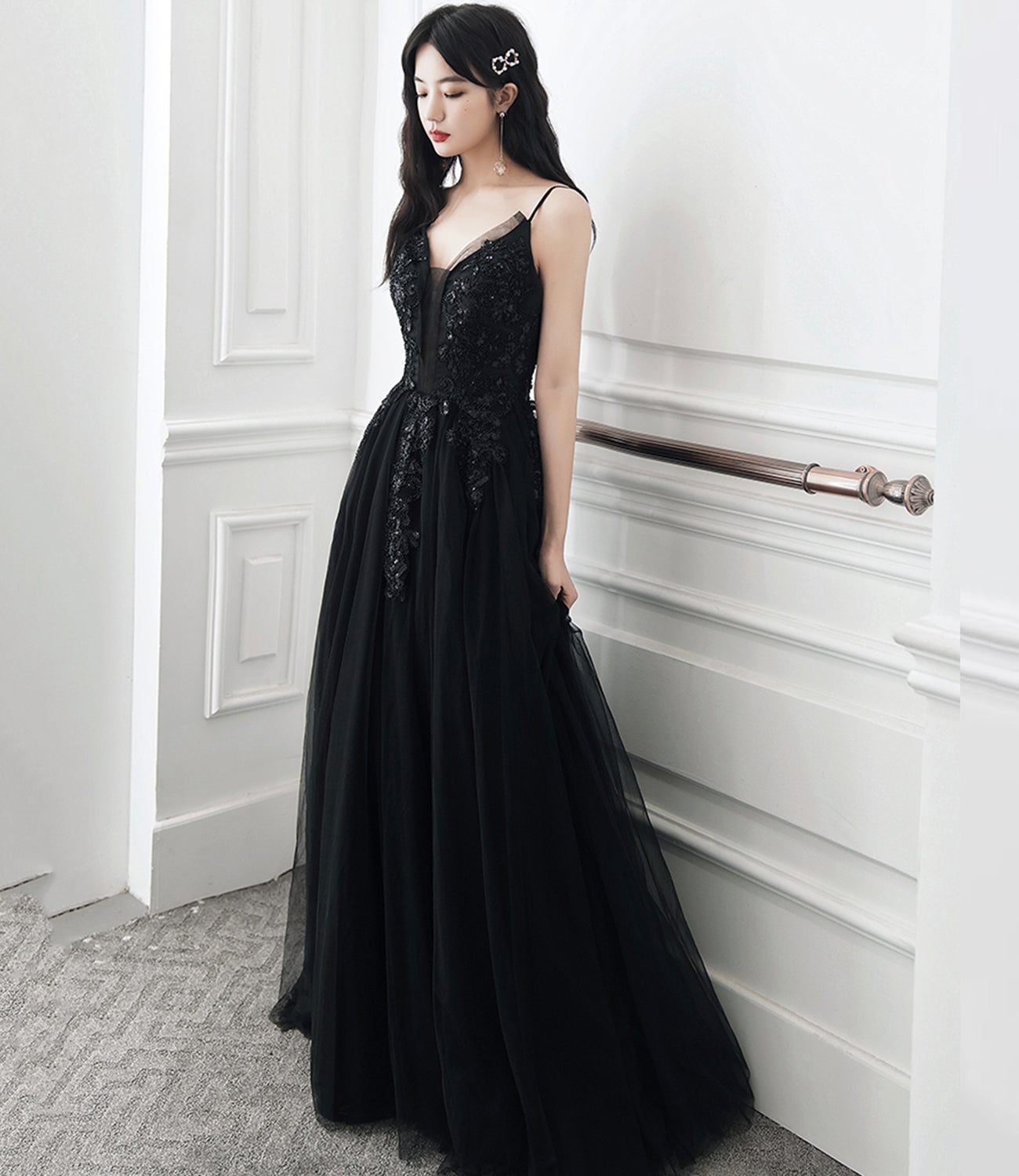 Black tulle sequins long prom dress evening dress HZ1023