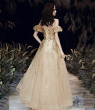 Gold sequins long prom dress A line evening dress HZ1023