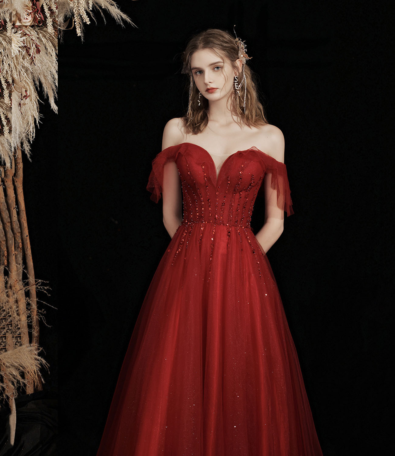 Burgundy tulle beads long prom dress A line evening gown HZ1023