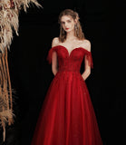 Burgundy tulle beads long prom dress A line evening gown HZ1023