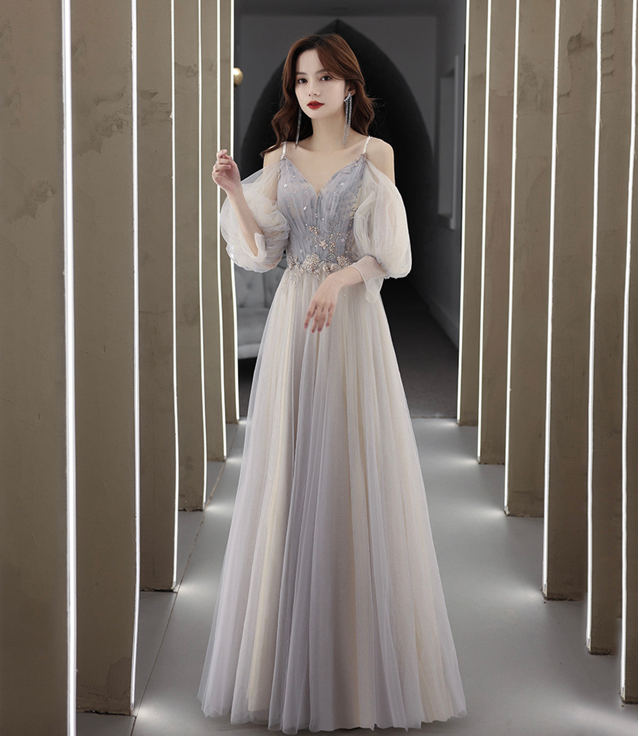 Cute tulle lace A line prom dress lace evening dress HZ1023