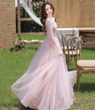 Pink tulle sequins long prom dress evening dress HZ1023