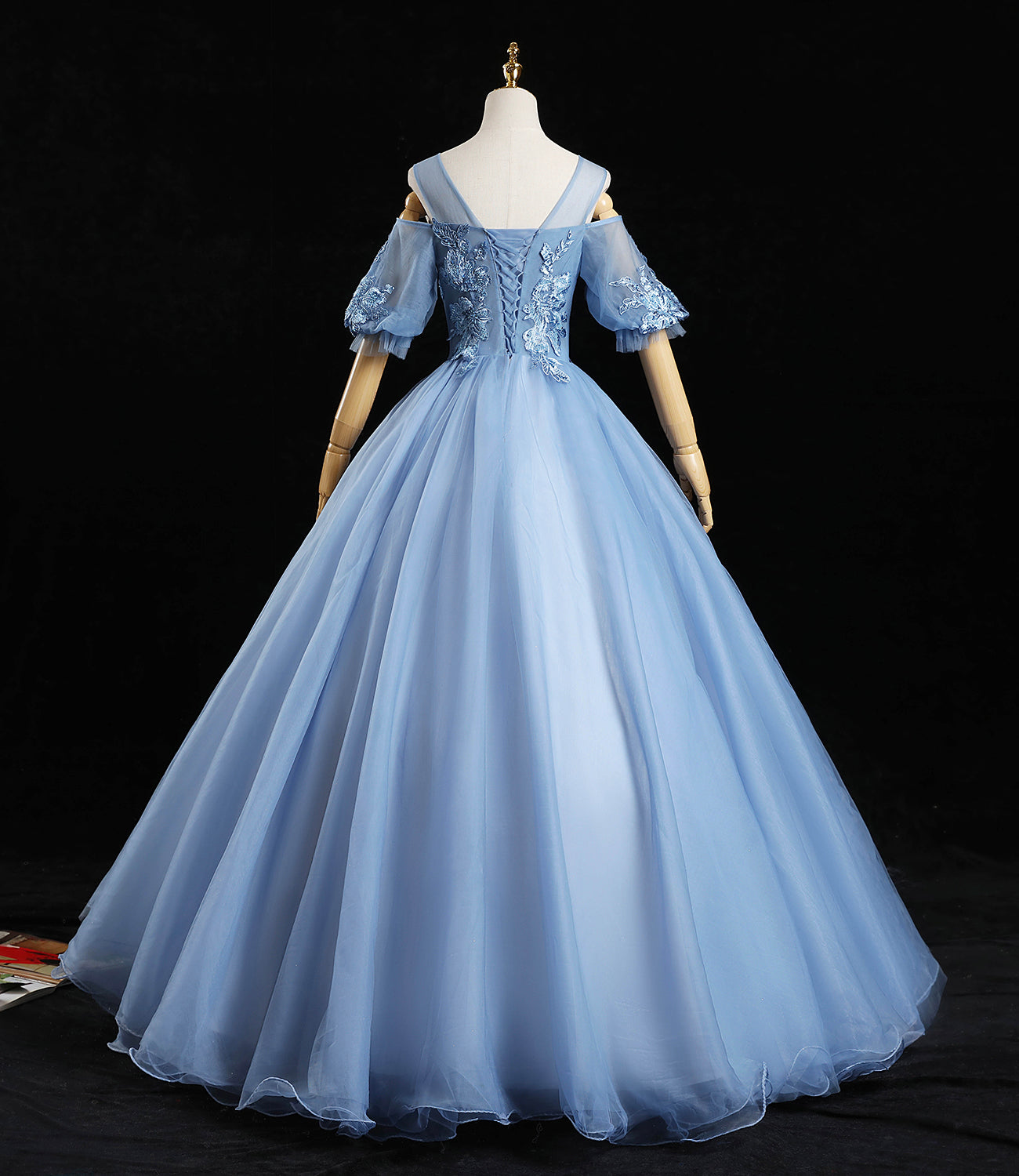 Blue tulle lace long prom dress A line evening dress HZ1023