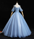 Blue tulle lace long prom dress A line evening dress HZ1023