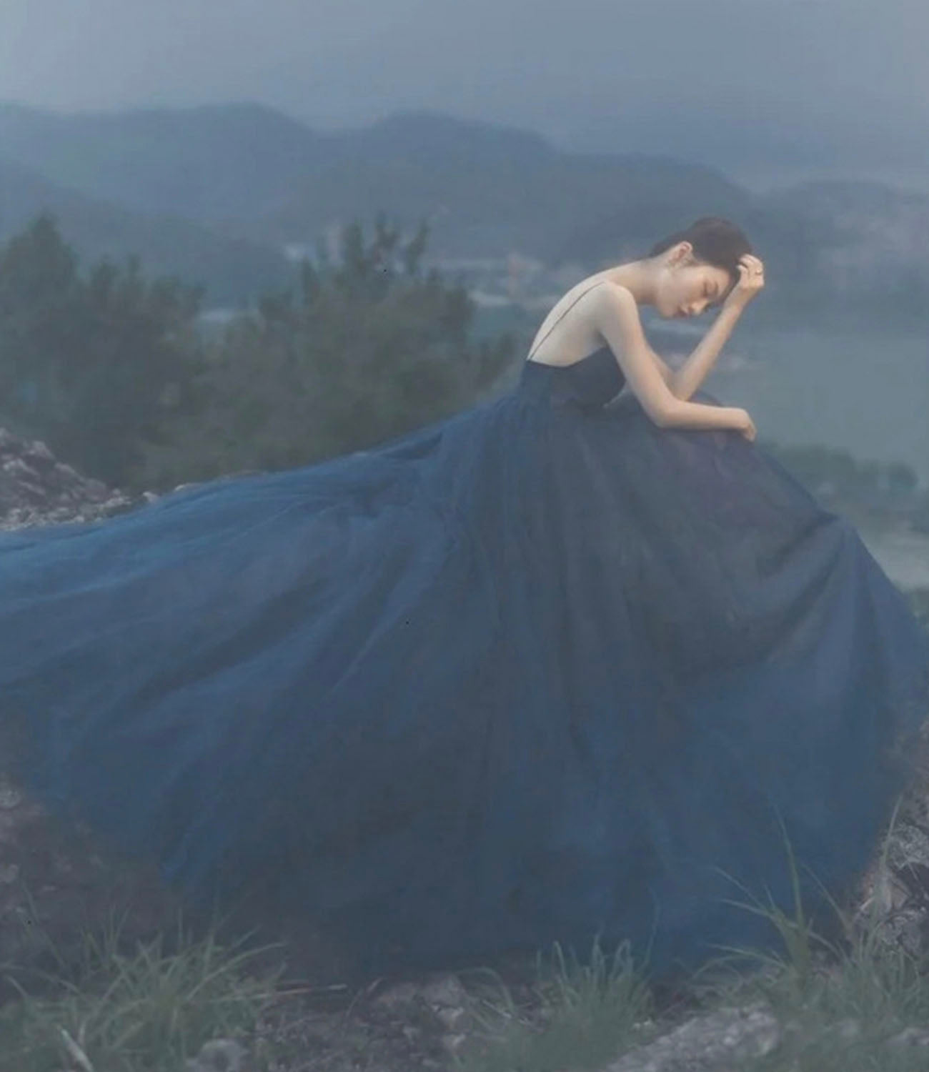 Blue tulle long prom dress A line evening gown HZ1023