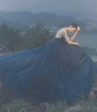 Blue tulle long prom dress A line evening gown HZ1023