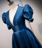 Blue satin long prom dress A line evening gown HZ1023