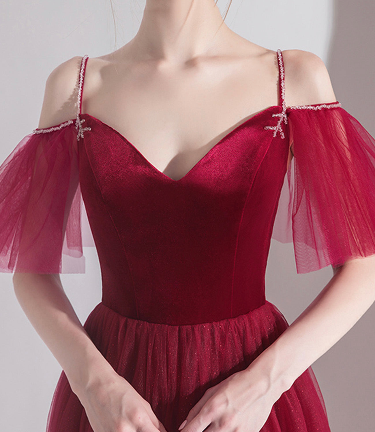 Bugundy velet tulle long prom dress A line evening dress HZ1023