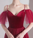 Bugundy velet tulle long prom dress A line evening dress HZ1023