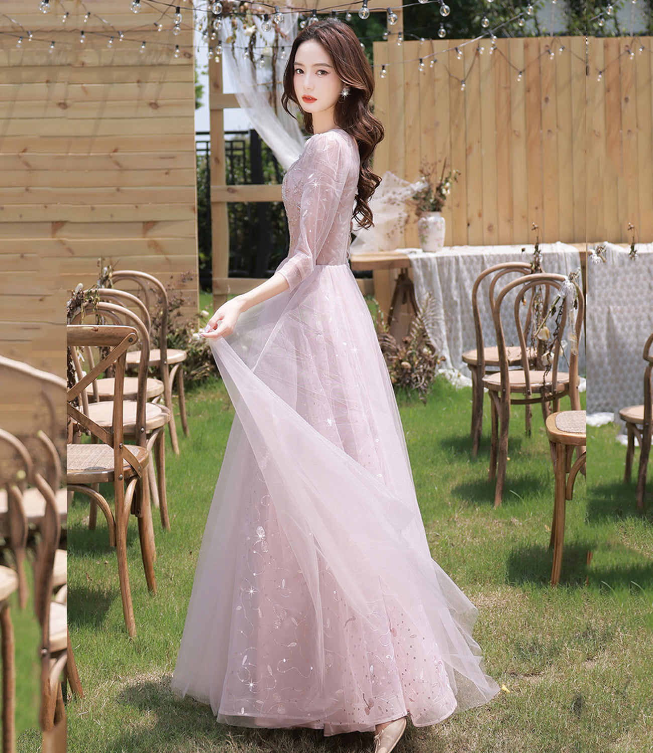 Pink tulle sequins long prom dress evening dress HZ1023