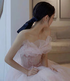 Pink tulle sequins long prom gown A line evening gown HZ1023