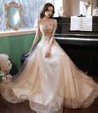 Champagne tulle lace long prom dress A line evening gown HZ1023