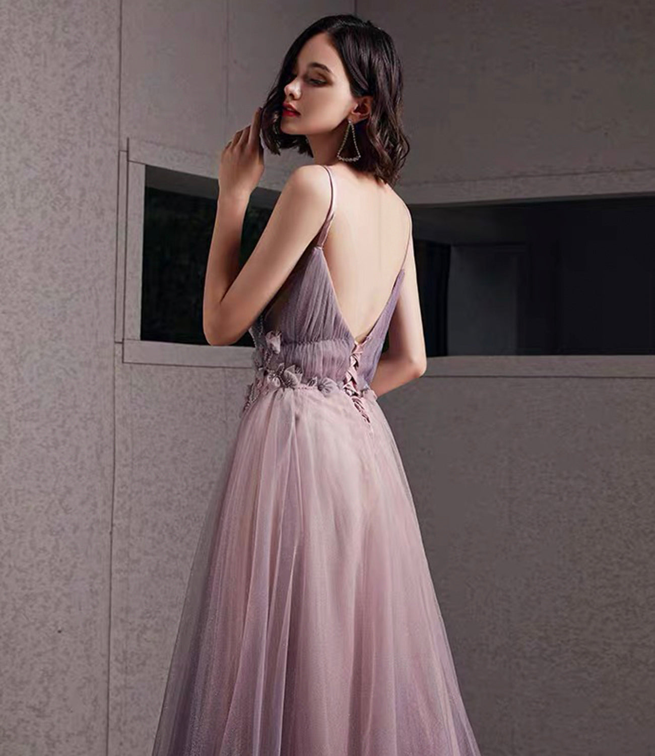Purple tulle sequins long prom dress A line evening gown HZ1023