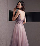 Purple tulle sequins long prom dress A line evening gown HZ1023