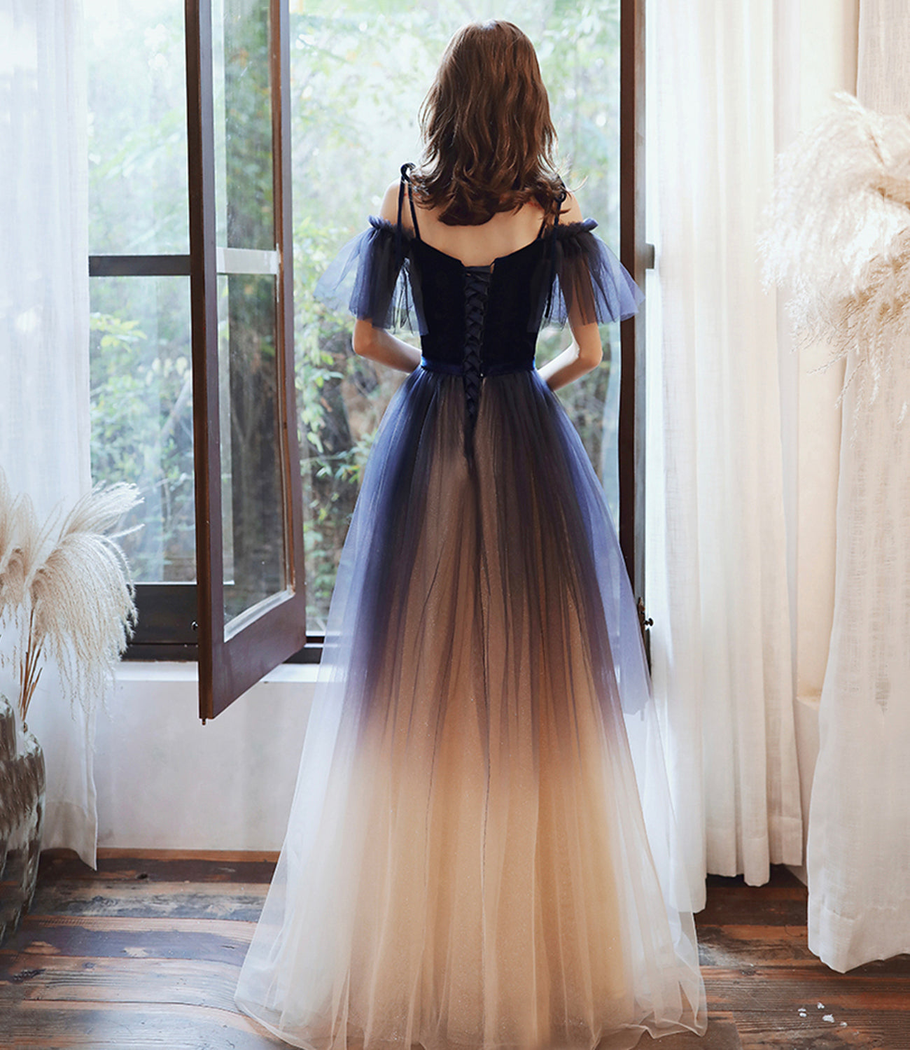 Blue velvet tulle long prom dress A line evening dress HZ1023