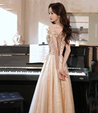 Champagne tulle lace long prom dress A line evening gown HZ1023