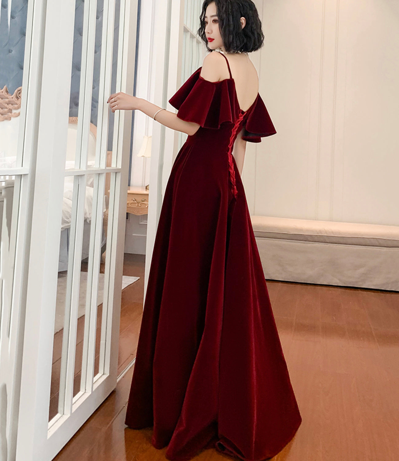 Burgundy velvet long prom dress A line evening dress HZ1023
