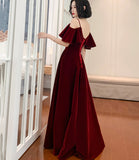 Burgundy velvet long prom dress A line evening dress HZ1023