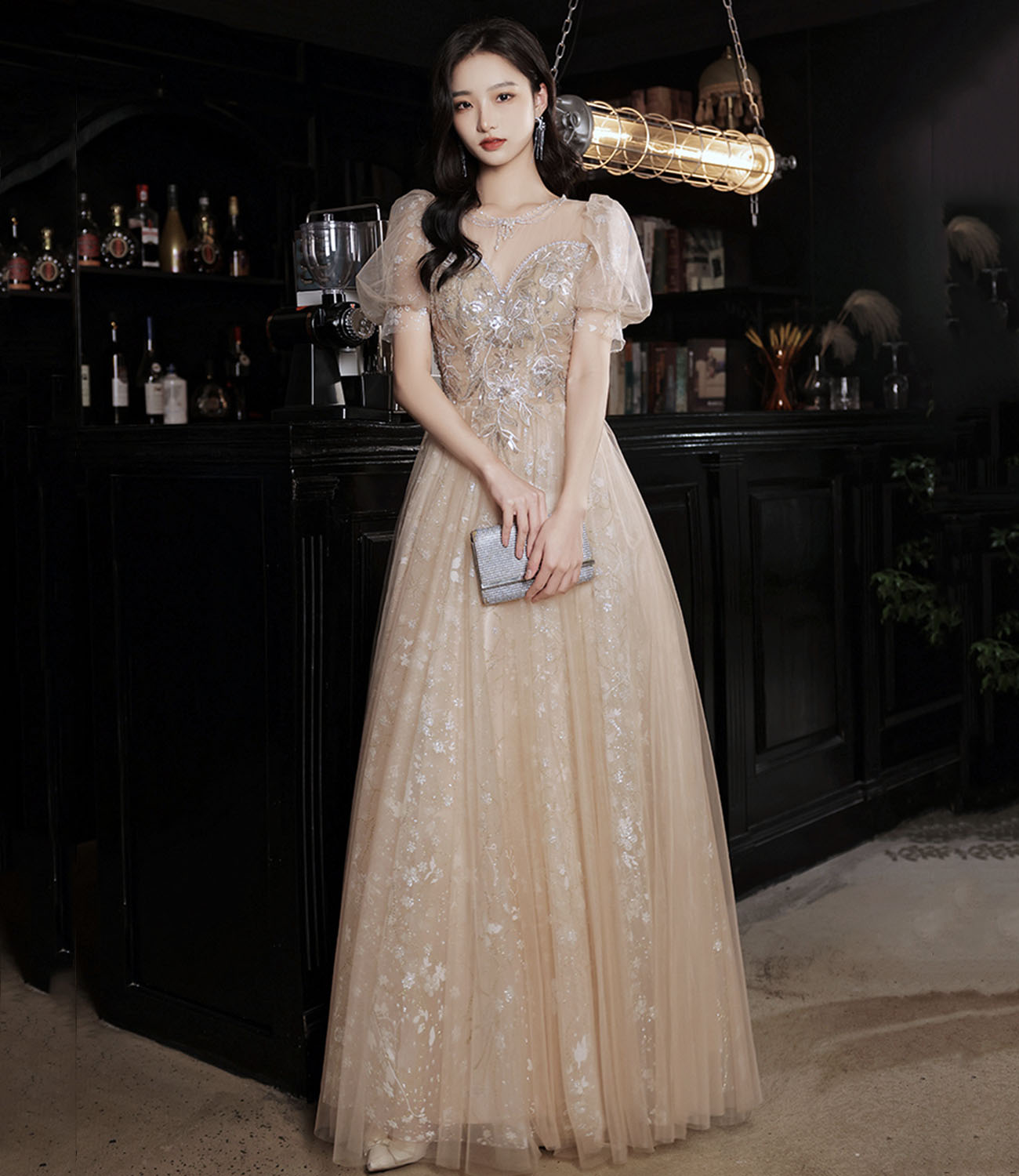 Champagne tulle sequins long prom dress evening dress HZ1023