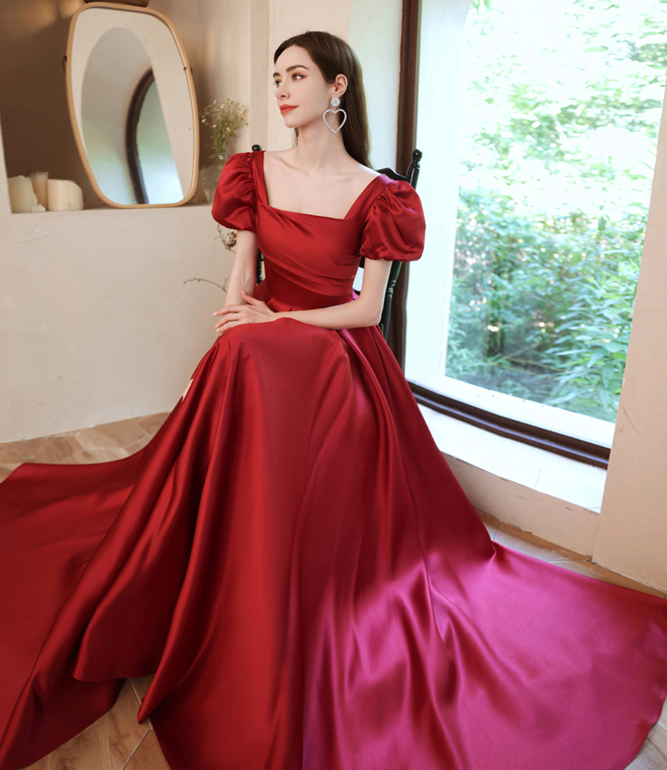 Red satin long A line prom dress red evening dress HZ1023