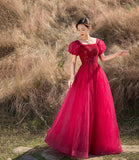 Red tulle beads long prom dress A line evening gown HZ1023