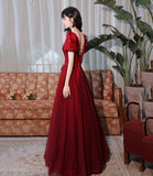 Burgundy satin tulle long prom dress A line evenig dress HZ1023