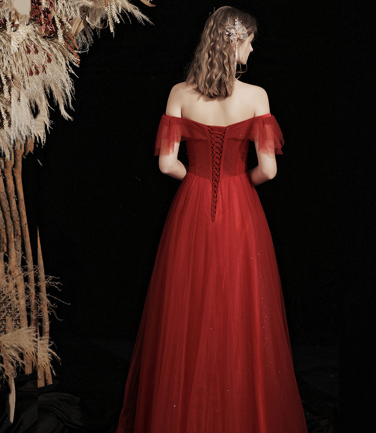 Burgundy tulle beads long prom dress A line evening gown HZ1023