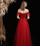 Burgundy tulle beads long prom dress A line evening gown HZ1023