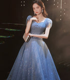Blue tulle sequins long prom dress evening gown HZ1023