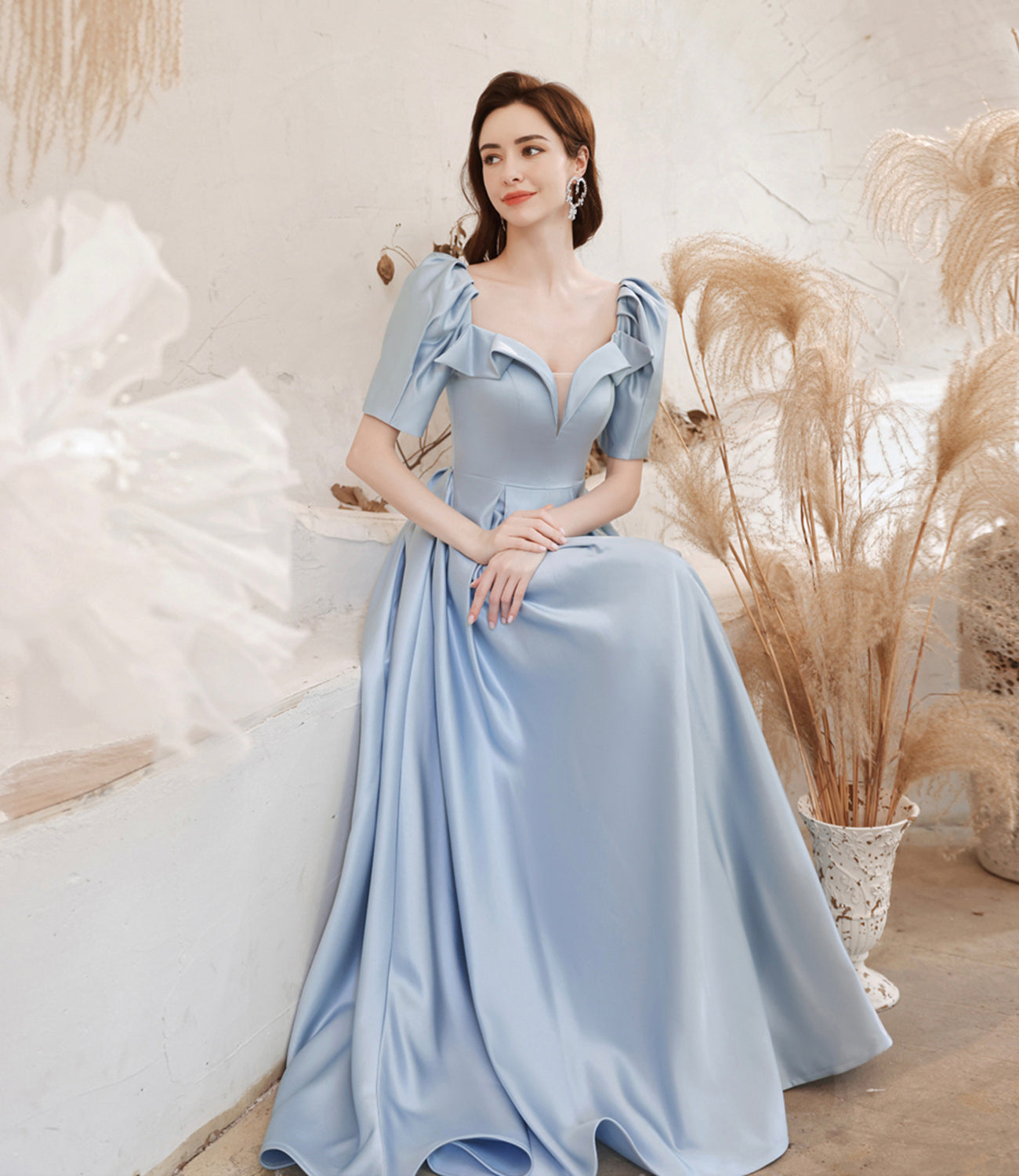 Cute satin long prom dress blue evening dress HZ1023