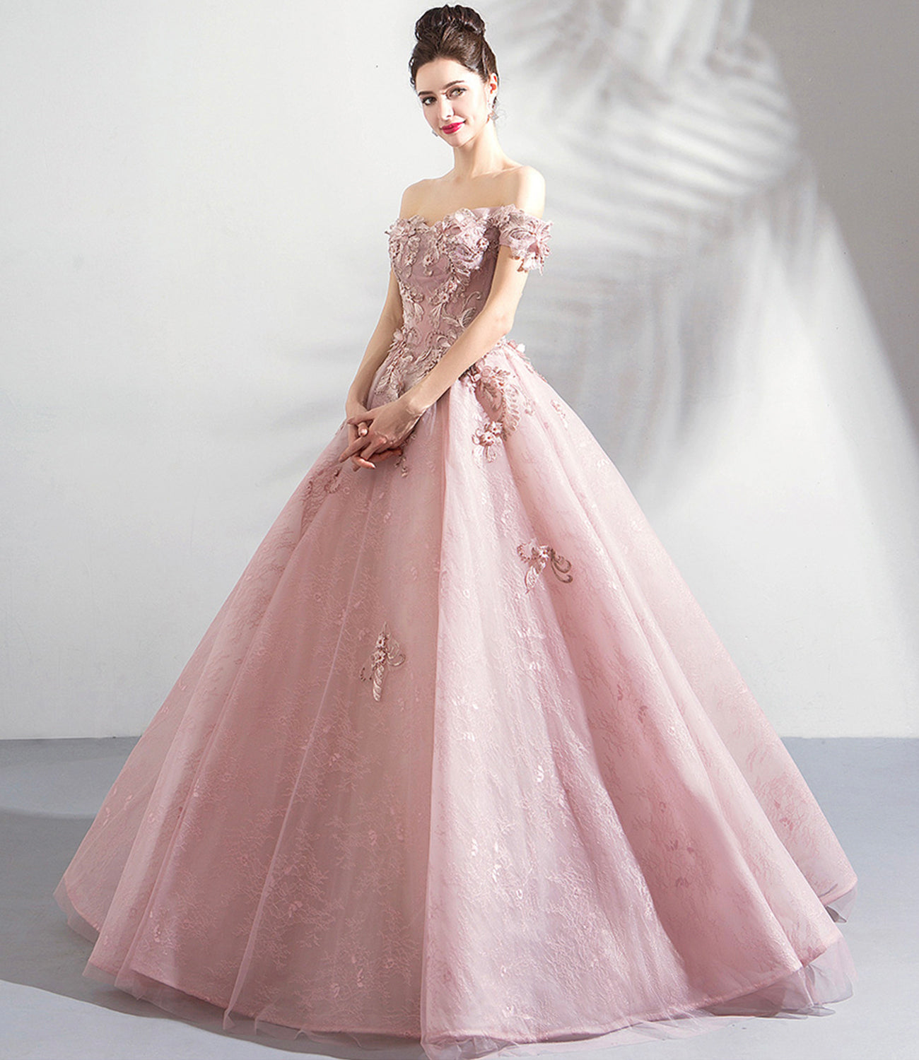 Pink tulle lace long prom dress A line evening gown HZ1023