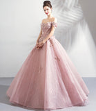 Pink tulle lace long prom dress A line evening gown HZ1023