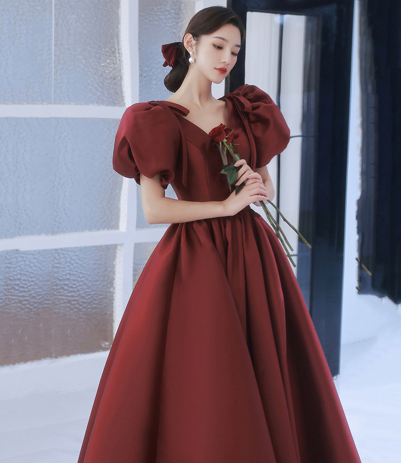 Burgundy v neck satin long prom gown A line formal gown HZ1023