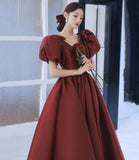 Burgundy v neck satin long prom gown A line formal gown HZ1023