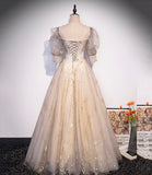 Champagne tulle sequins long prom dress A line evening gown HZ1023