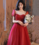 Burgundy tulle beads long prom dress evening gown HZ1023