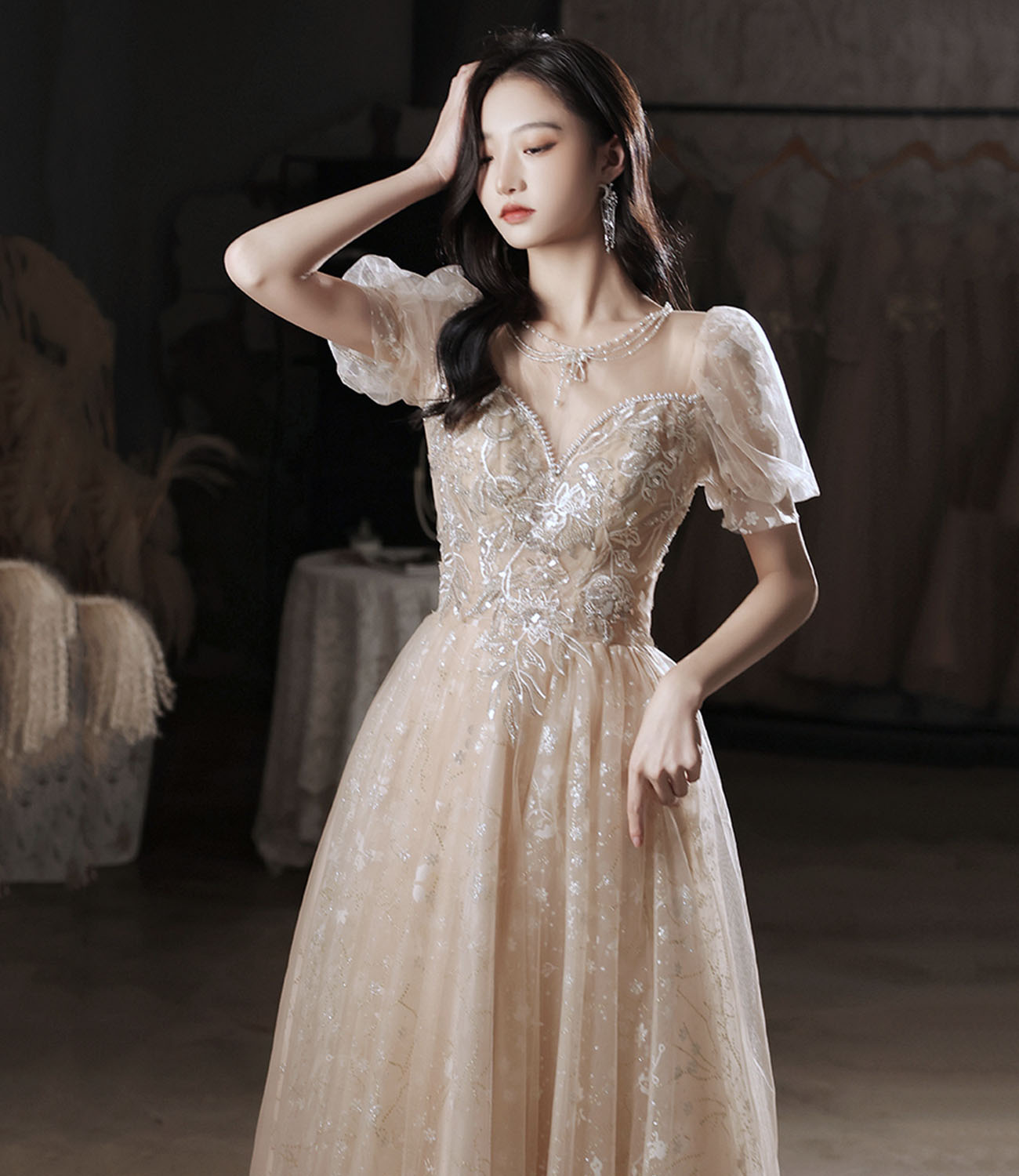 Champagne tulle sequins long prom dress evening dress HZ1023