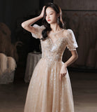 Champagne tulle sequins long prom dress evening dress HZ1023
