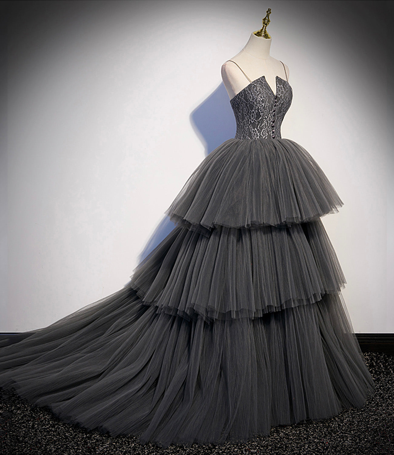 Gray tulle lace long ball gown dress formal gown HZ1023