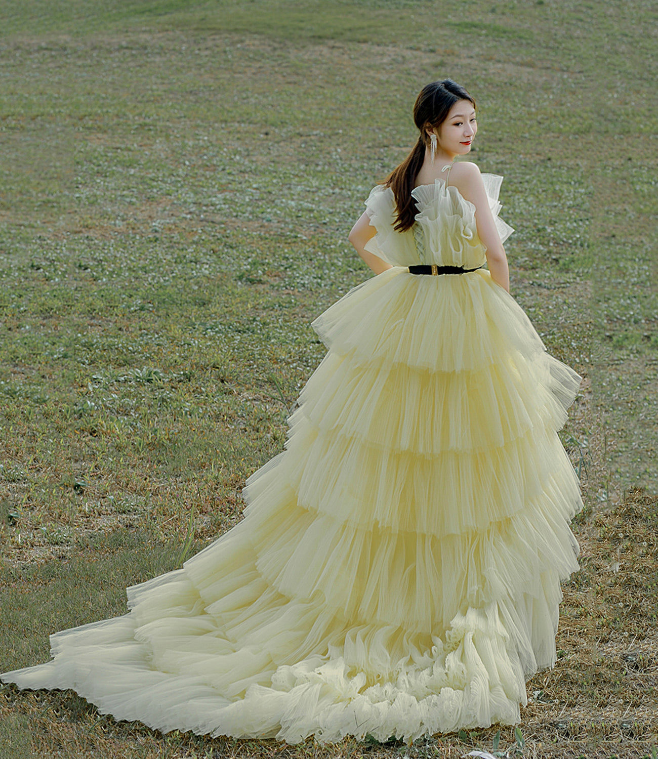 Yellow tulle long ball gown dress A line evening gown HZ1023